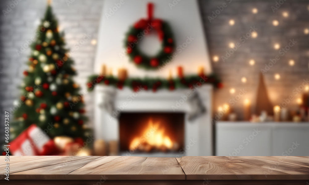 Christmas table with blurred fireplace backdrop