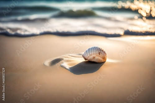 A single seashell resting on a smooth, sandy beach with the waves gently approaching.