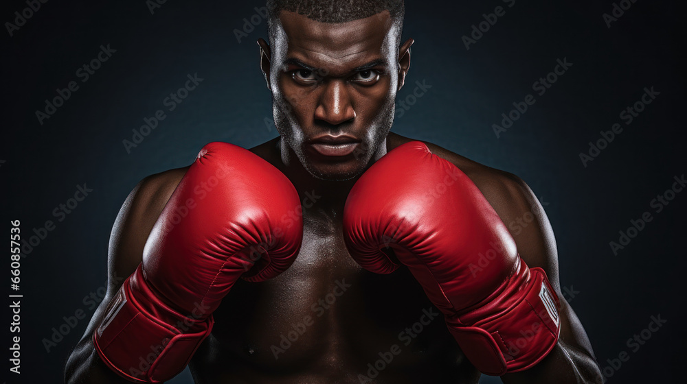 Black boxer wearing red gloves ready to fight on the isolated background