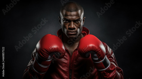 Black boxer wearing red gloves ready to fight on the isolated background