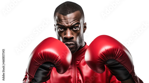 Black boxer wearing red gloves ready to fight on the transparent background © EmmaStock