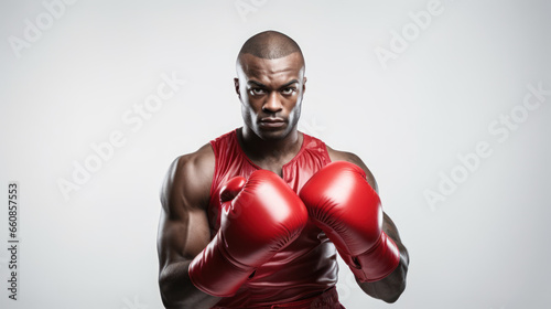 Black boxer wearing red gloves ready to fight on the isolated background © EmmaStock