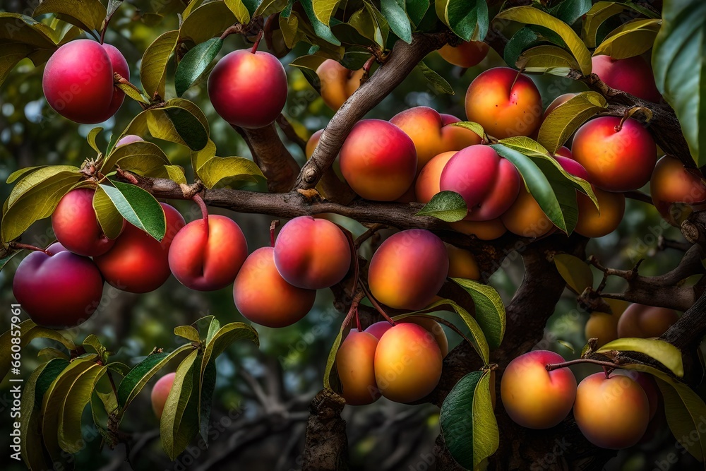 A medley of colorful pluots on a pluot tree. A medley of colorful pluots on a pluot tree.