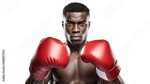 Black boxer wearing red gloves ready to fight on the transparent background © EmmaStock