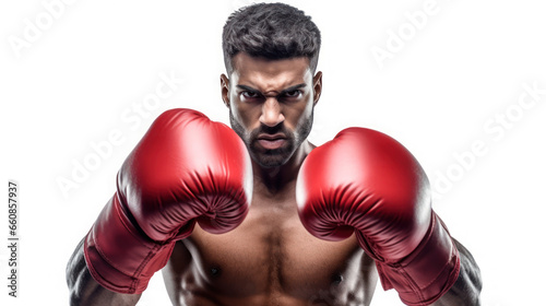 Black boxer wearing red gloves ready to fight on the white background