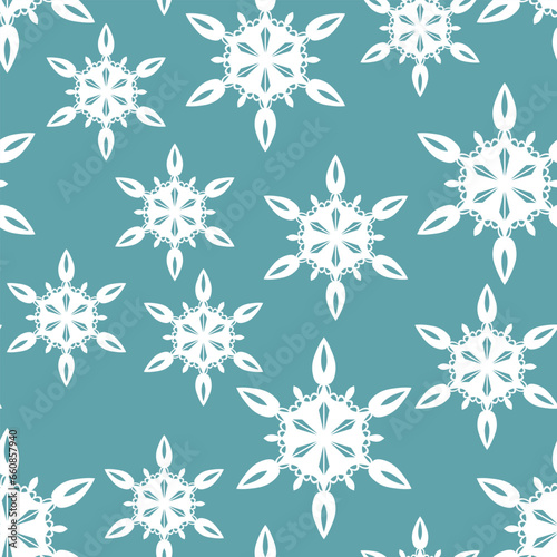 Winter seamless pattern with white snowflakes on blue background. Vector illustration for fabric  textile wallpaper  posters  gift wrapping paper. Christmas vector illustration. Falling snow