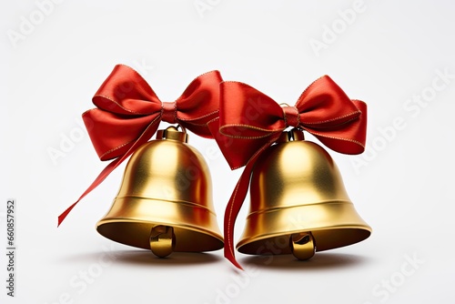 Decoration of Two Elegant Golden Bells with Festive Red Bow on White Background