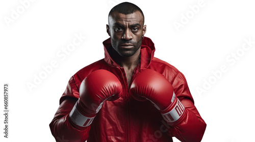 Black boxer wearing red gloves ready to fight on the transparent background
