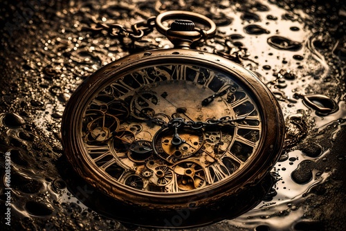 An intricately detailed antique pocket watch, partially submerged in a puddle.