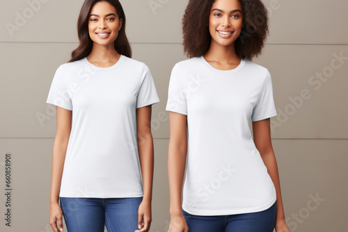 Two happy womans in a white empty T-shirt for advertising on a solid color background in studio