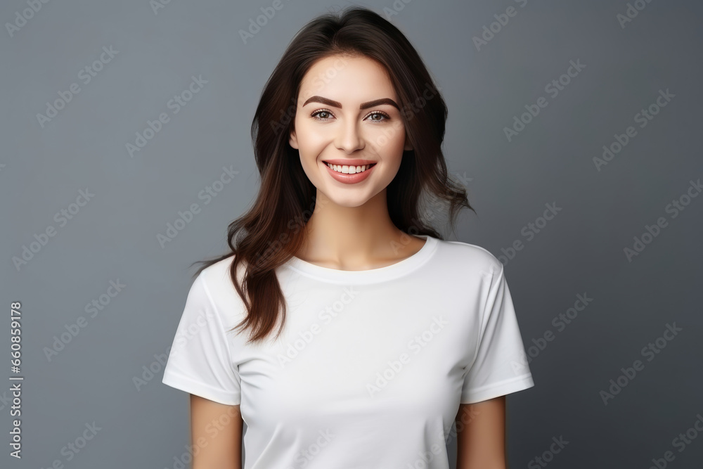 Happy young woman in a white empty T-shirt for advertising on a solid color background in studio Happy young woman in a white empty T-shirt for advertising on a solid color background in studio