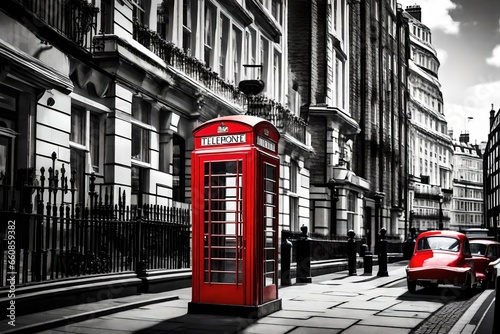 A classic red telephone booth standing alone on a busy London street. photo
