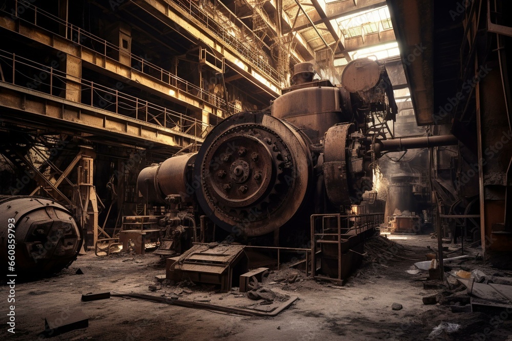 A sight of the expansive sag and ball mill within the factory of the mine. Generative AI