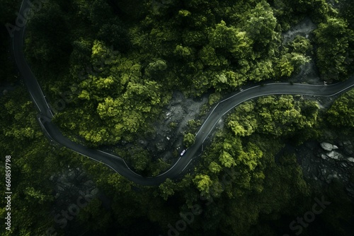 Bird's-eye view of a woodland road. Generative AI