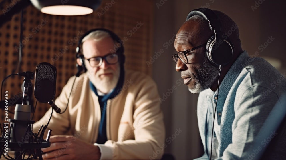 A duo of elderly men, wearing headphones, chatting away into microphones, capturing their shared stories on a lively podcast. A duo of elderly men, wearing headphones, chatting away into microphones, capturing their shared stories on a lively podcast.