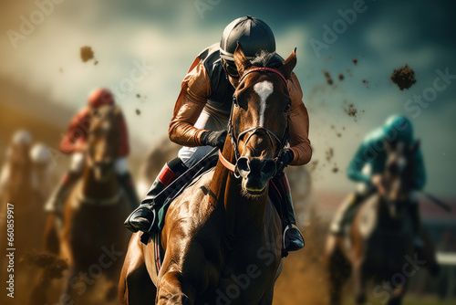 Horse racers are riding their horses, competing fiercely. in the horse racetrack