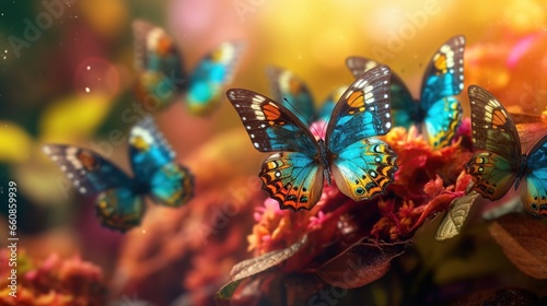 lots of butterflies with various bright colors on a natural background photo