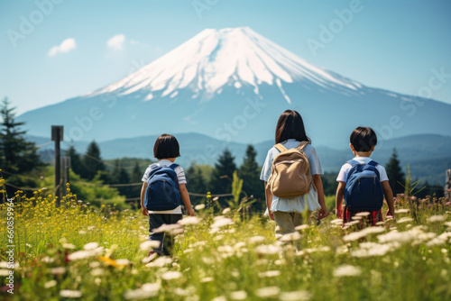Japanese kindergarten children walking on a field trip Behind is Mount Fuji
