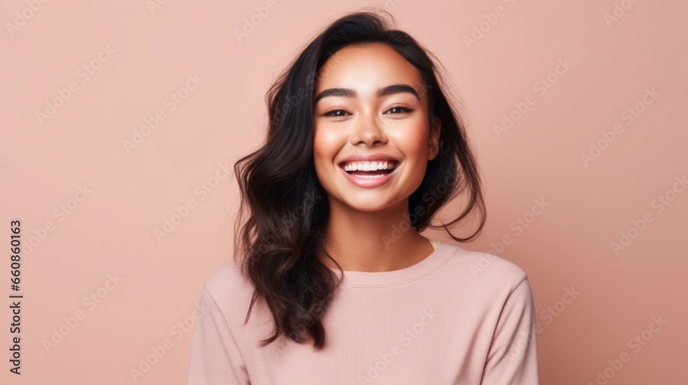 A striking portrait captures the essence of teenage exuberance as a girl smiles brightly against a clean studio background. A striking portrait captures the essence of teenage exuberance as a girl smiles brightly against a clean studio background.