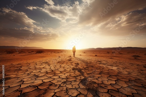 person walking in hot arid landscape. Generative AI Fototapeta