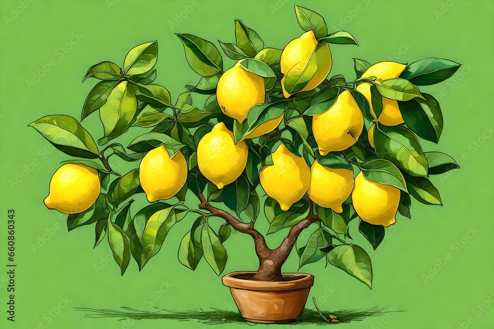 A vibrant lemon tree with yellow lemons against green leaves.
