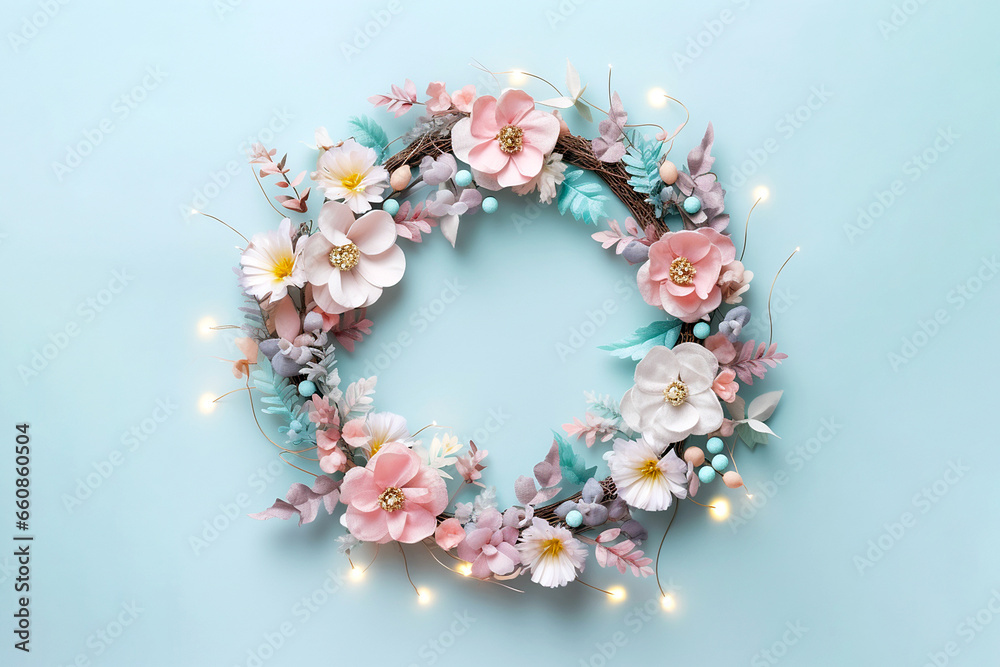 Flower Christmas wreath on pastel background. Floral trendy minimalistic wreath with fairy lights. Design for winter festive Christmas New Year banner, card with copy space Flower Christmas wreath on pastel background. Floral trendy minimalistic wreath with fairy lights. Design for winter festive Christmas New Year banner, card with copy space