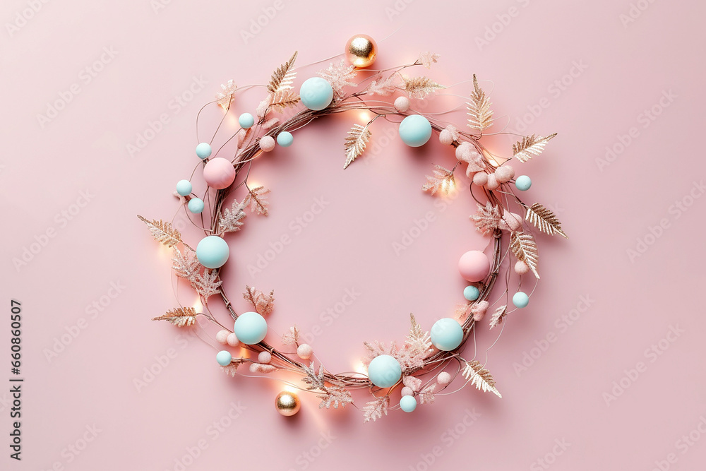 Flower Christmas wreath on pastel background. Floral trendy minimalistic wreath with fairy lights. Design for winter festive Christmas New Year banner, card with copy space