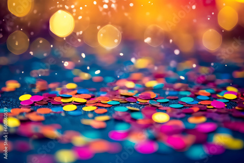 Colorful confetti in front of colorful background with bokeh for carnival, bokeh background
