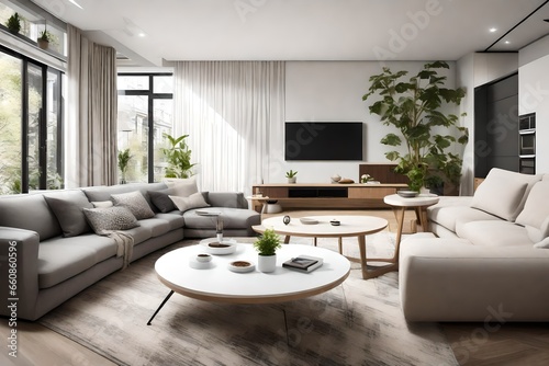 A modern living room with a large, comfortable sofa, a minimalist coffee table, and a wall-mounted TV. © Tae-Wan