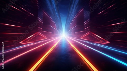 3D rendering, minimalistic geometric background with an abstract design. Colorful neon arrows converging, linear sign, road extending.