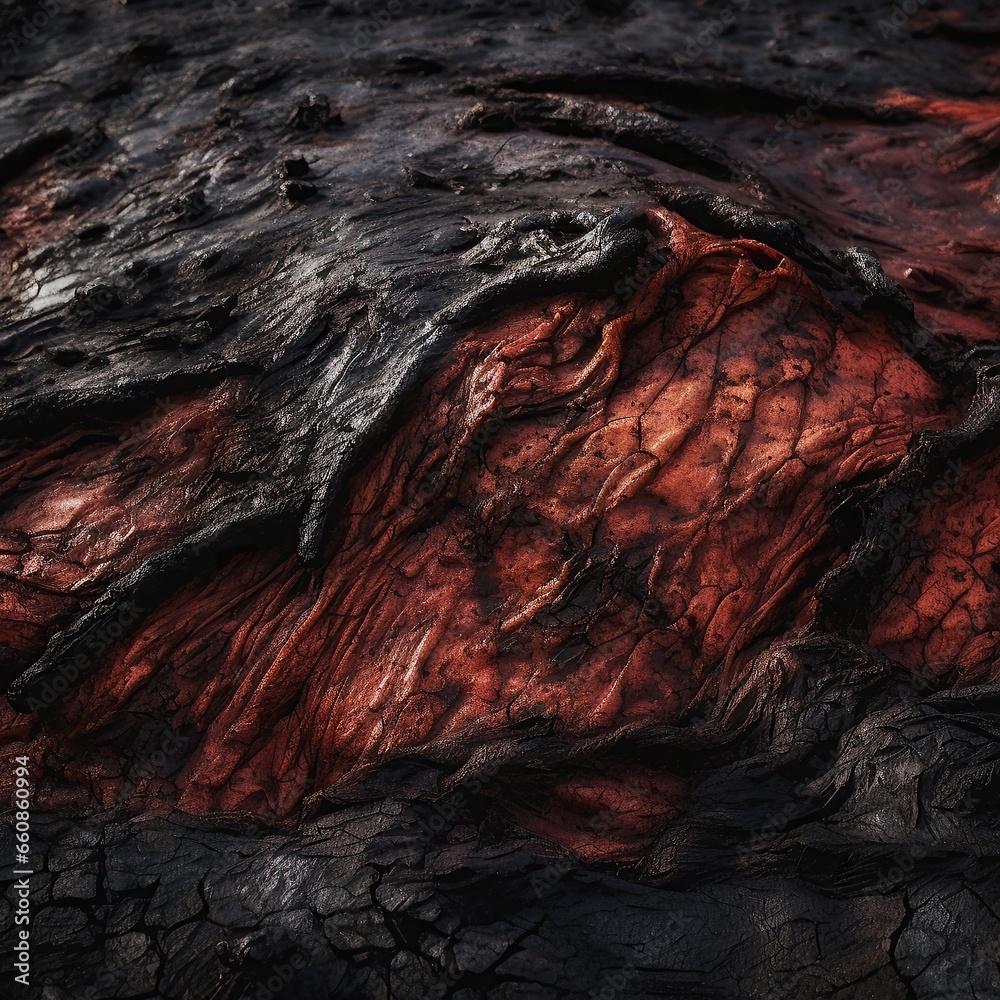 aerial shot from above, closeup, textural, macro, charred and burnt leather with red molten details aerial shot from above, closeup, textural, macro, charred and burnt leather with red molten details