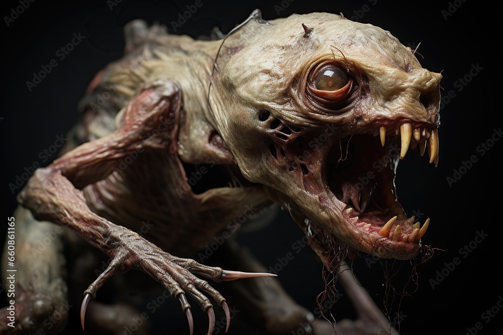 Grotesque hybrid creature on black background