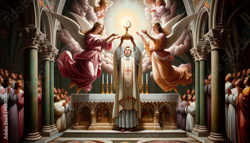 Elevation of the Host by a Catholic Priest: Witnessing the Consecrated Bread Transformed into the Body and Blood of Christ in the Holy Mass with Angelic Presence.