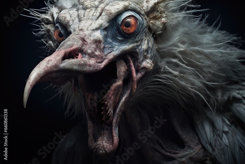 Grotesque hybrid creature on black background