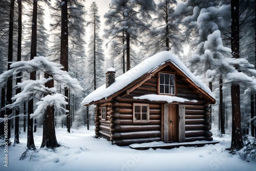 A snow-covered cabin in the middle of a pine forest on a crisp winter morning. © Tae-Wan