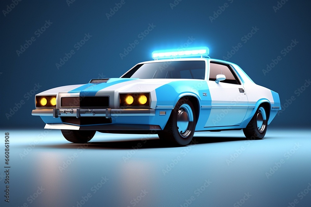 Contemporary cop car design, seen from the front with a 3D perspective and placed against a blue backdrop. Generative AI
