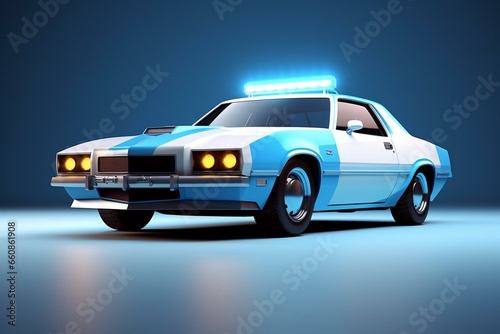 Contemporary cop car design  seen from the front with a 3D perspective and placed against a blue backdrop. Generative AI