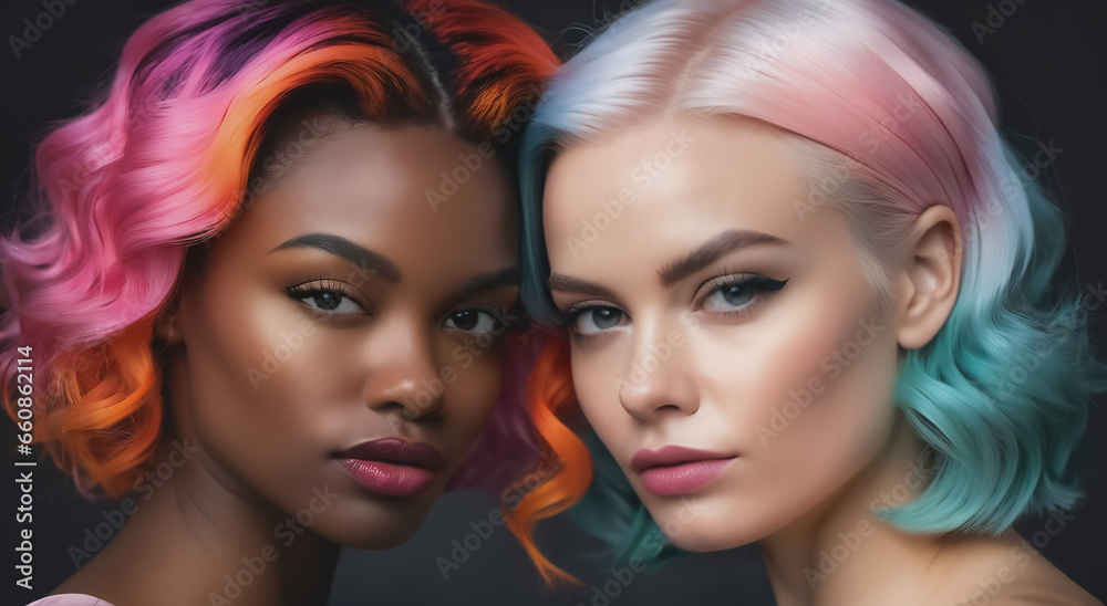 Naklejka premium Two diverse women with colorful hair, authentic beauty portrait and modern lifestyle concept.