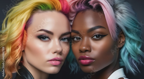 Close Up Portrait Of Two Women With Multicolored Hair, Friends With Different Skin Colors