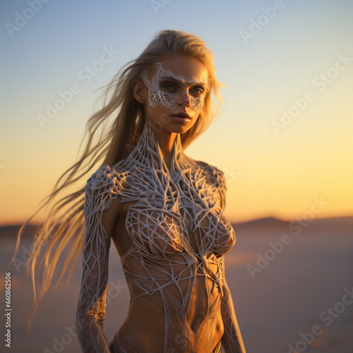 A portrait of a stylish beautiful female standing outdoors in the desert. Flowing hair, looking into the camera. Generative AI illustration	

