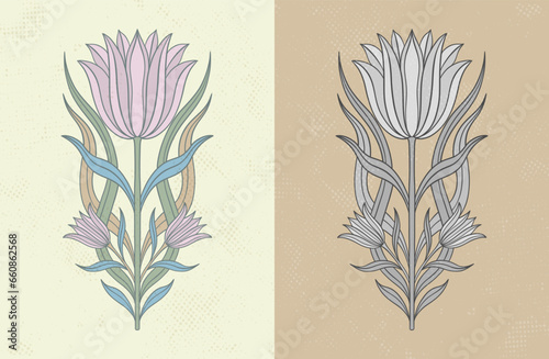 Frame with a tulip flower in the style of Art Nouveau. Beautiful tulip vintage floral composition 1920-1930 years.