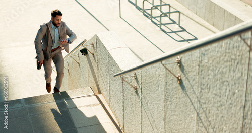 Quadro su tela Business, city and man on the stairs, late and running with appointment, schedule and stress