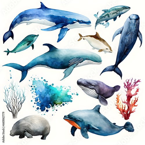 clipart hand painted watercolor ocean animals vectors white background sharp focus highly detailed extreme detail 