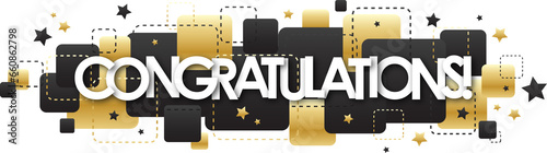 CONGRATULATIONS! typography on black and metallic gold squares with stars on transparent background 