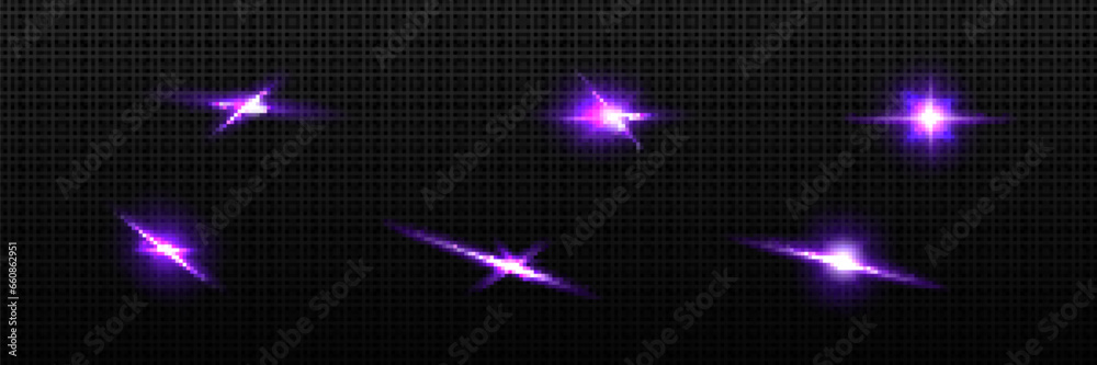 Purple star light flare vector twinkle glow effect. Bright camera flashlight glitter spark. Isolated glimmer halo element. Optical disco shiny glitz. Abstract flicker particle with violet dazzle beam - obrazy, fototapety, plakaty 