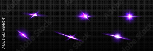 Purple star light flare vector twinkle glow effect. Bright camera flashlight glitter spark. Isolated glimmer halo element. Optical disco shiny glitz. Abstract flicker particle with violet dazzle beam