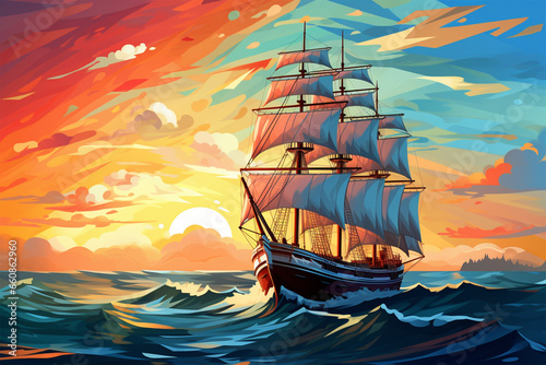 vector illustration of a view of a sailing ship at sea