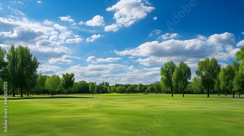 Landscape view of green grass on slope with blue sky and clouds background.. natural scenic panorama green field 