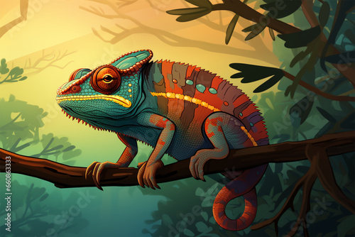 vector illustration of a chameleon view on a tree branch