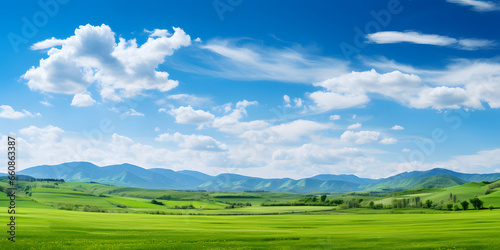 Landscape view of green grass on slope with blue sky and clouds background.. natural scenic panorama green field 